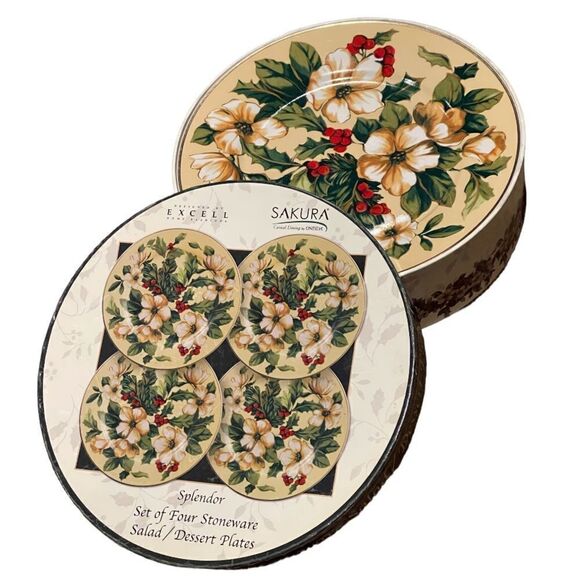 Set of 4 Sakura Splendor Holiday Stoneware 8” Salad Dessert Plates in box - Picture 1 of 8